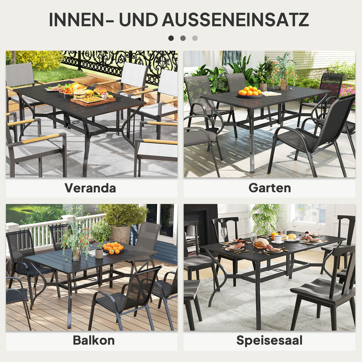 GARTENTISCH DE-07368 mit Schirmloch und Lamellen-Design für 6 Personen Schwarz - Schwarz, Metall (150/90/73cm) - ComfortXL