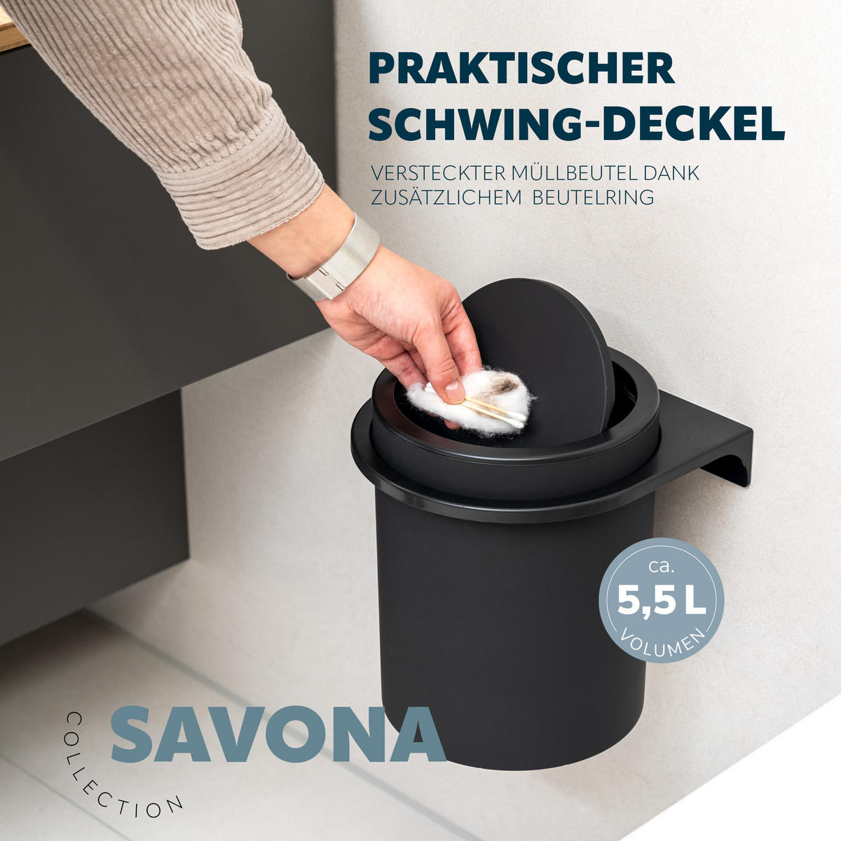 KOSMETIKEIMER SAVONA,5 Liter, schwarz - Schwarz, Kunststoff (19/24.5/19cm) - bremermann