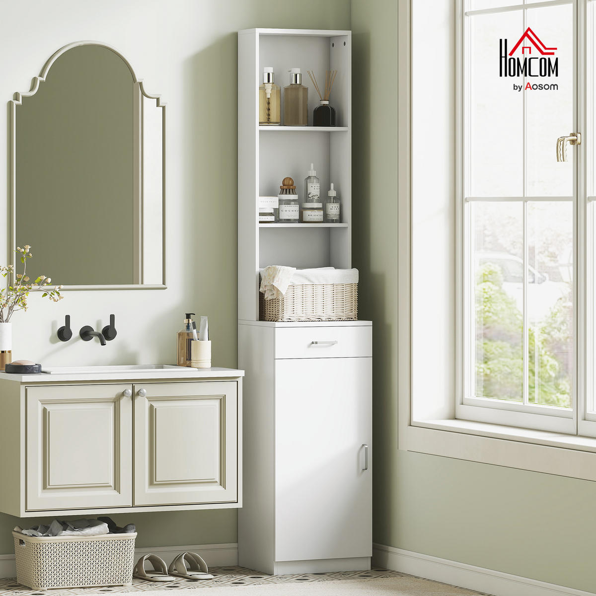 BADEZIMMERSCHRANK hoch Badschrank Hochschrank schmal mit Schublade Tür Weiß - Weiß, Holzwerkstoff (30.5/179/35cm) - HOMCOM