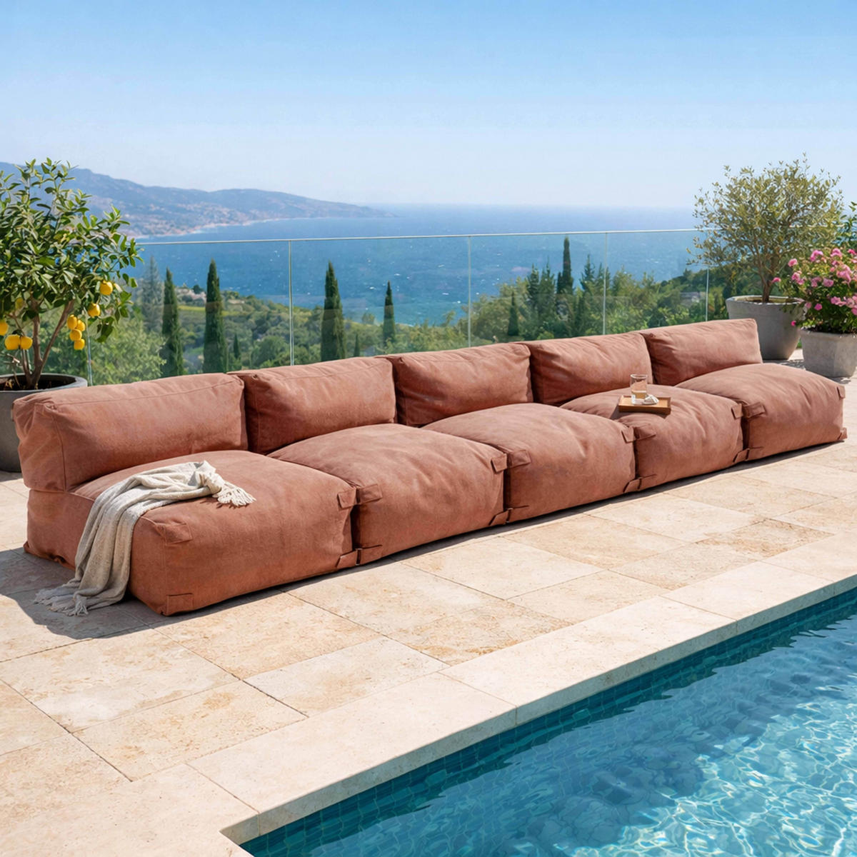 GARTENSOFA mit 5 Sitzplätzen, Terrakotta - Pink, Textil - Oviala