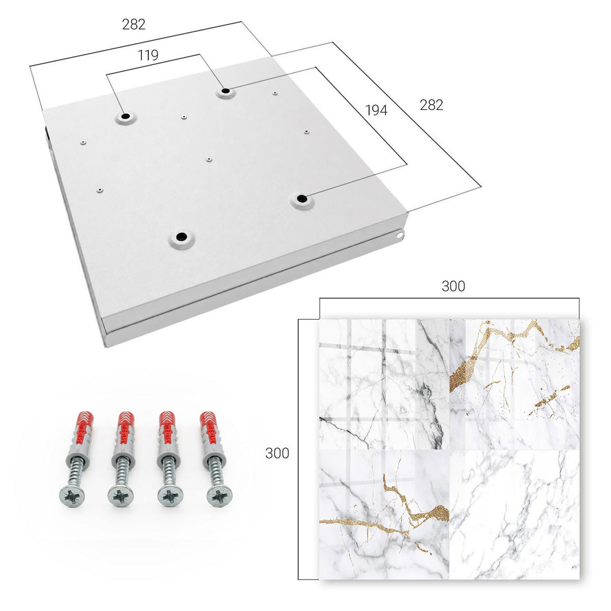 SCHLÜSSELBOX Weiß 30x30 cm – Türöffnung nach rechts - Marmormuster - Weiß, Metall (30/30/5cm) - TULUP