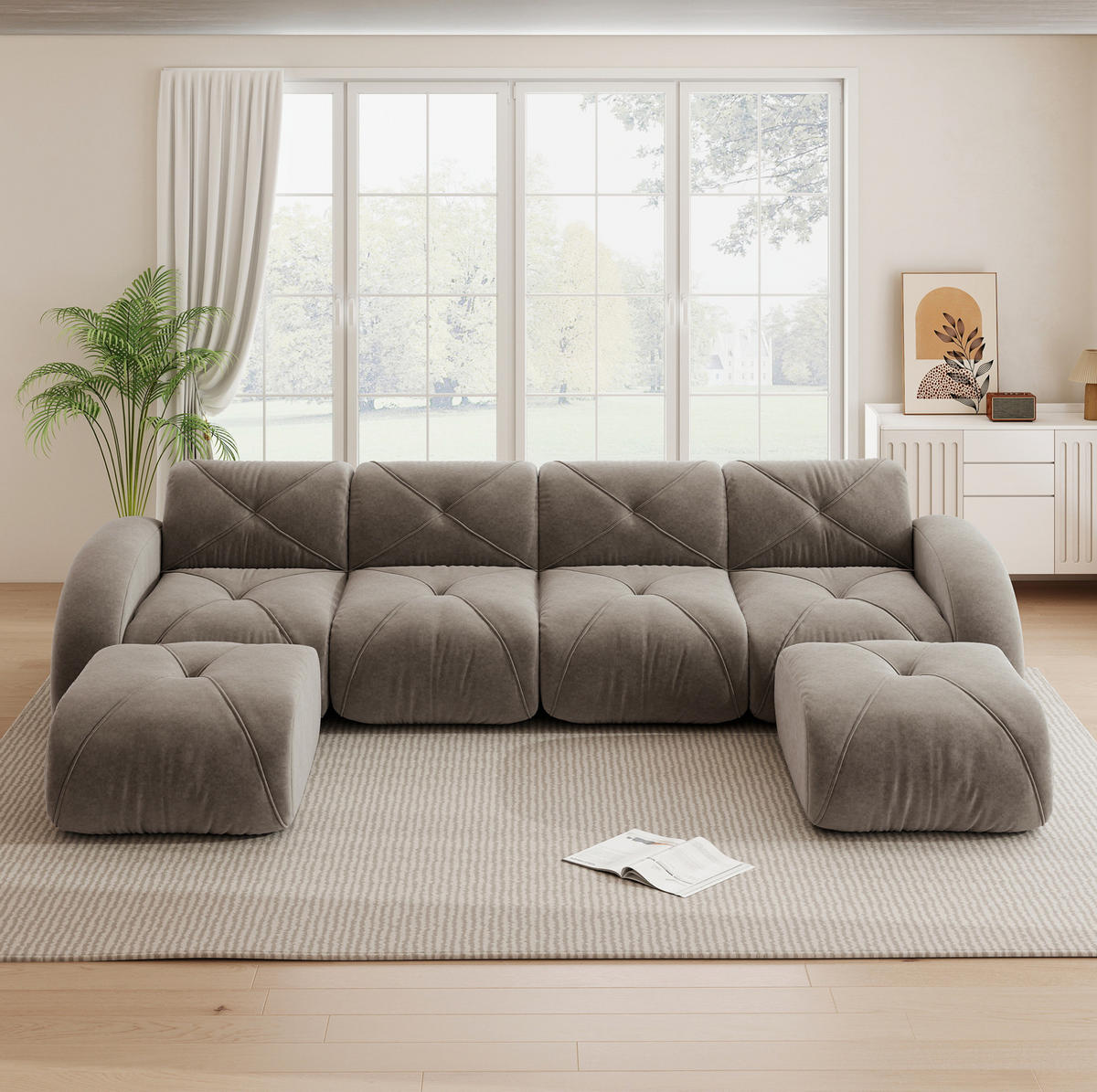 WOHNLANDSCHAFT 358/171/76 cm in Taupe aus Chenille mit Hockern und rahmenlosem Design - Taupe, Textil (171/76/358cm) - Flora Grace