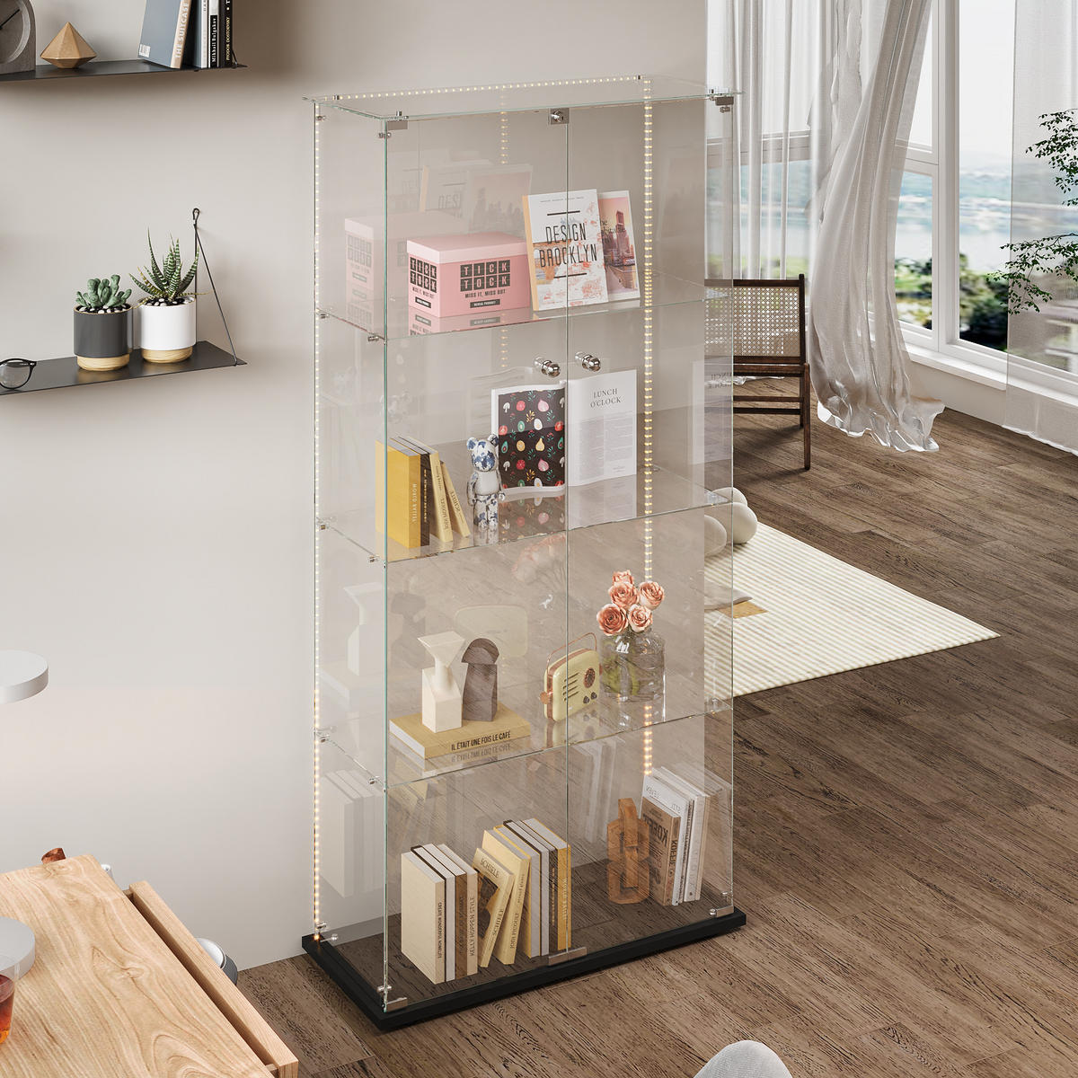 VITRINE 80x36x163 cm, LED, 4 Böden, 2 Türen, Schwarz - Schwarz, Holz (80/163/36cm)