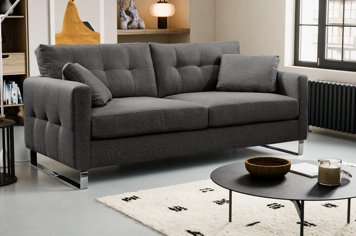 SOFA grau Flachgewebe 2,5-Sitzer 203 cm, Couch mit Steppoptik - Chromfarben/Grau, Holz/Textil (203/92/94cm) - Inn.Furn