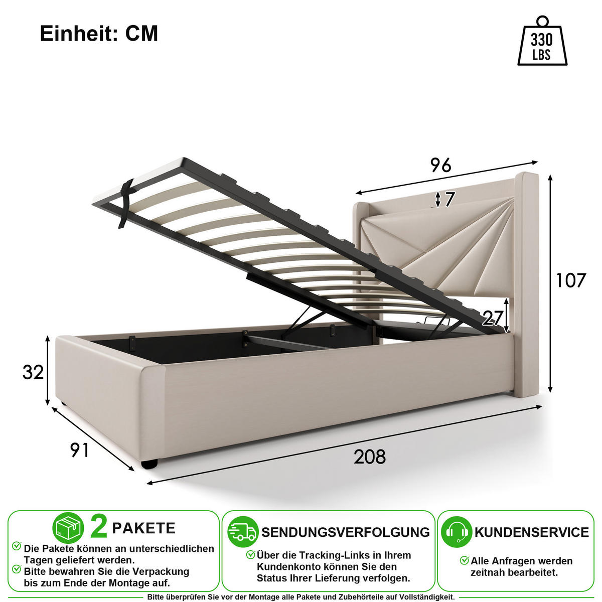 ČALOUNĚNÁ POSTEL 90/200 cm v béžové lněné látce s úložným prostorem, USB a Type-C - béžová, kov/kompozitní dřevo (90/200cm) - CHICFURN