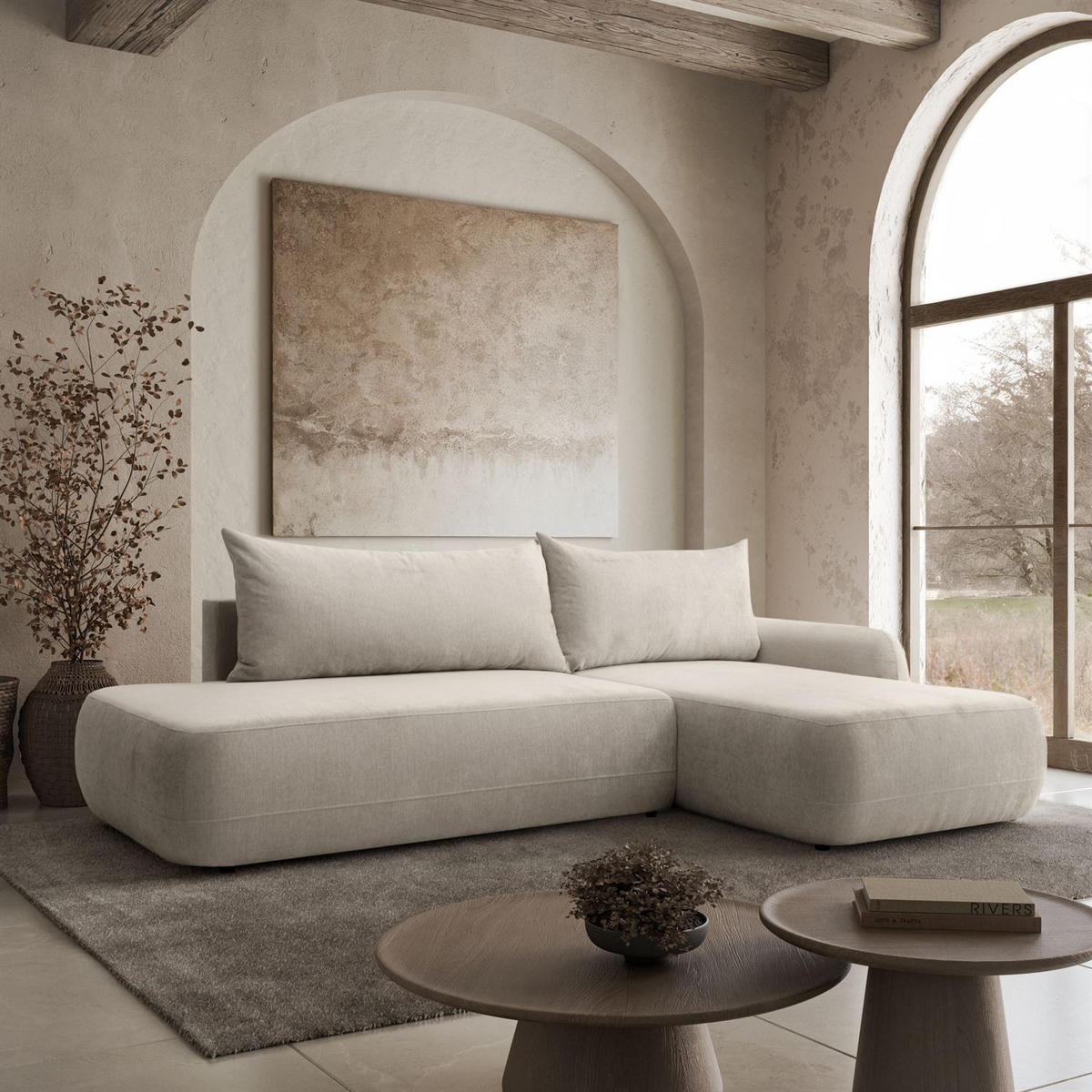 ECKSOFA GOYA mit Schlaffunktion und Bettkasten, Rechte, Perfect Harmony 04 - Ecru, Textil (302/184cm) - Lookway