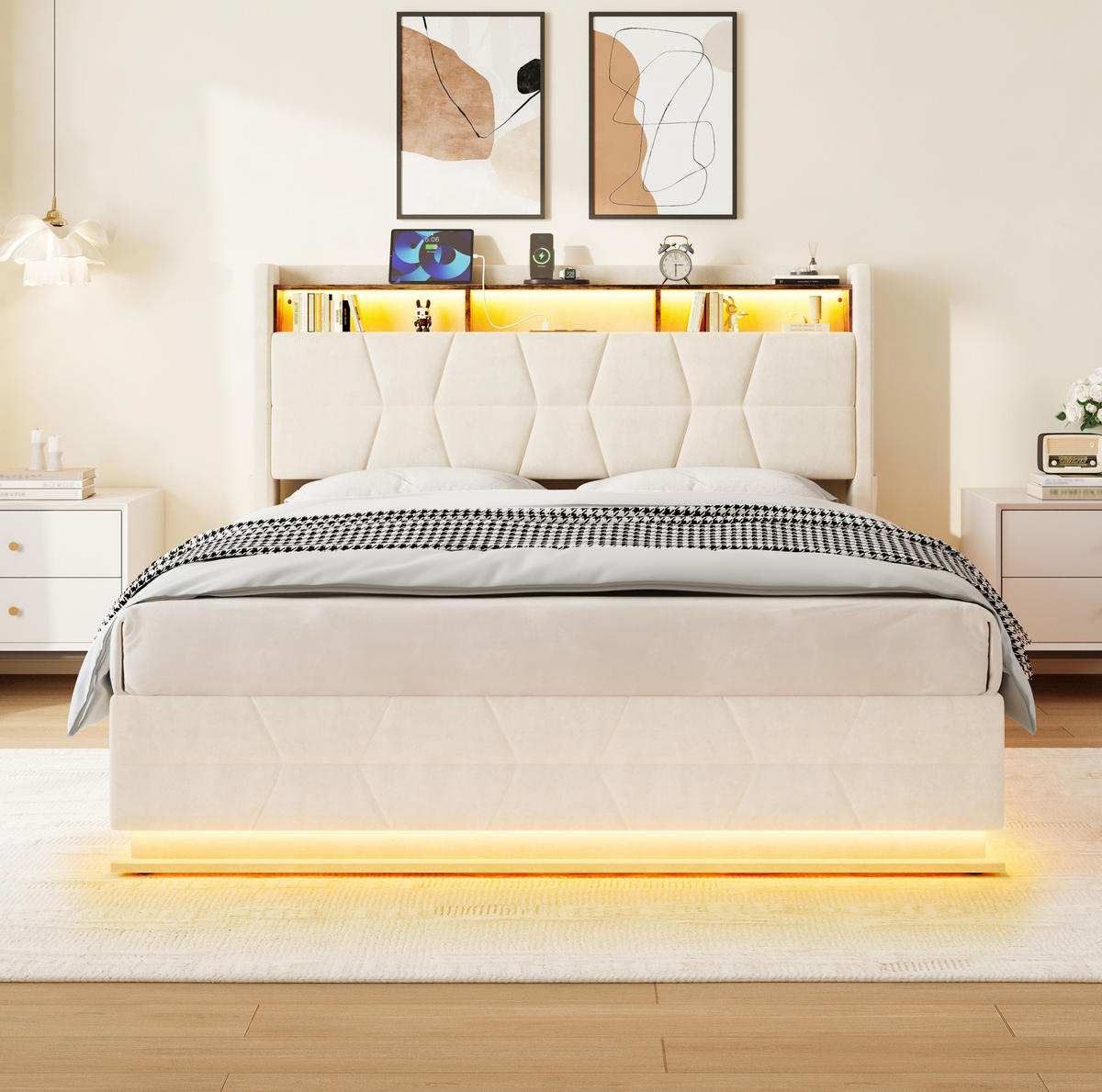 POLSTERBETT aus Velours 160 x 200 cm in Beige mit LED-Beleuchtung & USB/Type-C - Beige, Textil (160/200cm) - Modfu