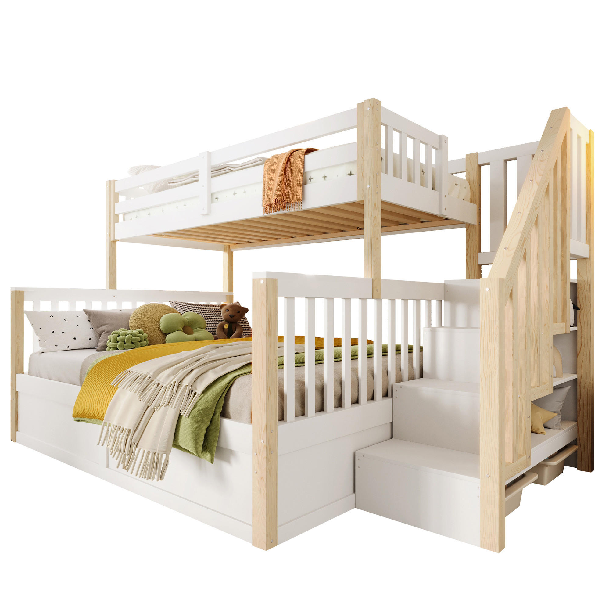 ETAGENBETT 90/200 + 140/200 cm aus Kiefer und MDF mit hydraulischem Stauraum und Treppe Weiß/Natur - Weiß, Holz (90/200cm) - Modenvie