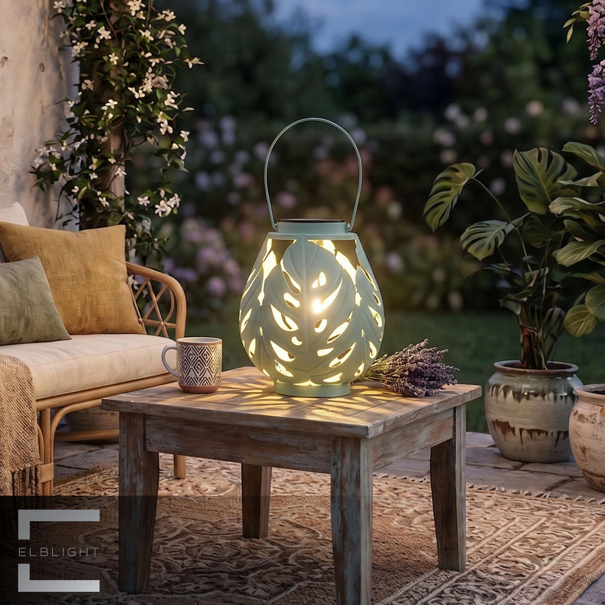 LED-LATERNE Gartenleuchte COB-LED Metall Ø 19 x 22 cm ELBLIGHT Monstera-Blätter - Mintgrün, Metall (19/19/22cm) - Northpoint