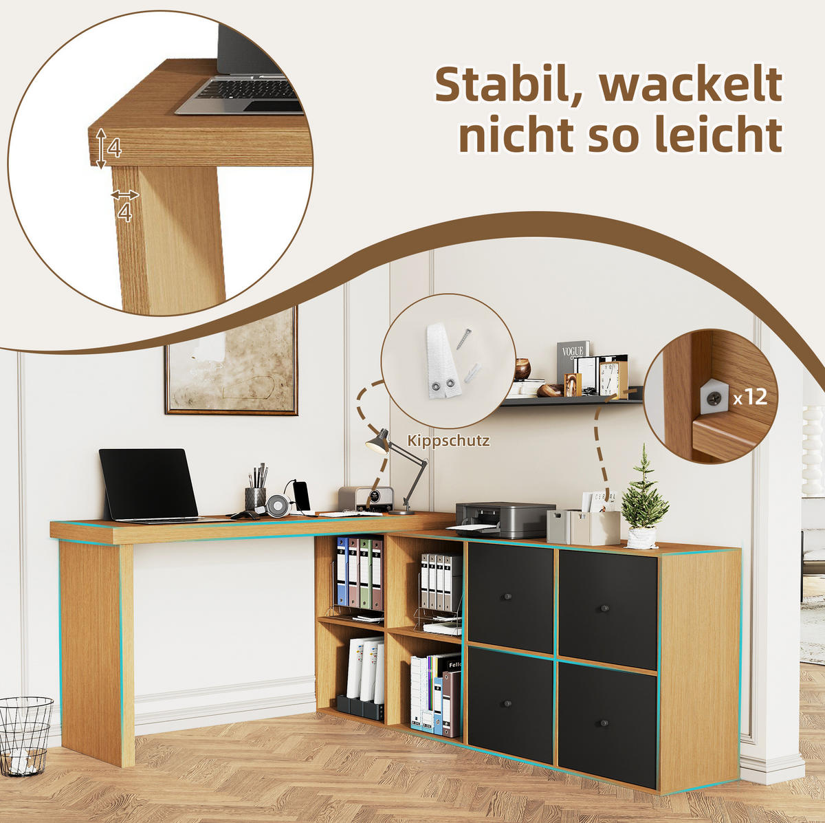 ANRICHTE 120/48/78 cm in Schwarz/Eiche mit 360° Drehfunktion und 8 Fächern - Eichefarben, Holzwerkstoff (140/74/35cm) - Flora Grace