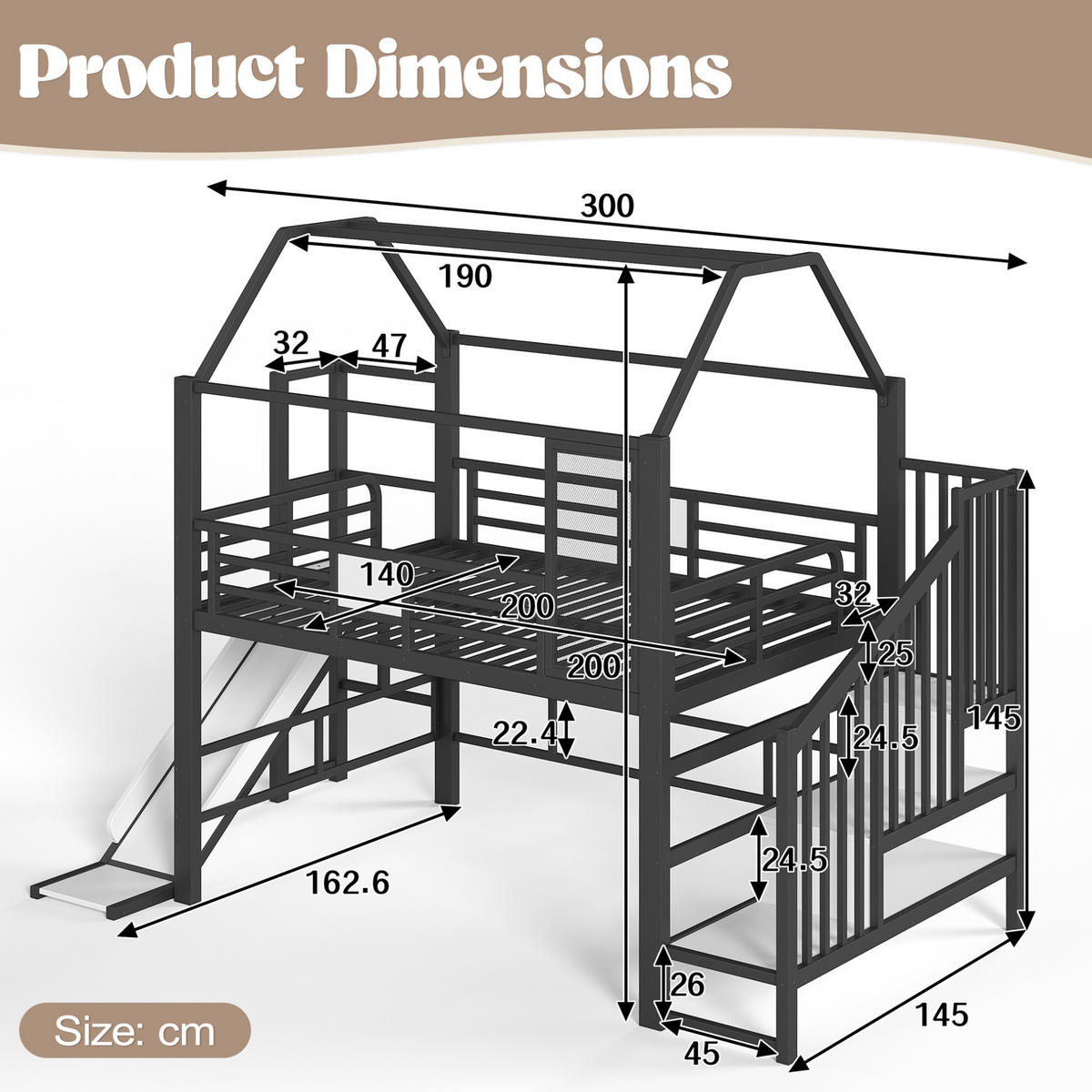 HOCHBETT aus MDF und Metall 140x200 cm Schwarz mit Rutsche, Stauraumtreppe und Bluetooth-LED-Beleuchtung - Schwarz, Holzwerkstoff (140/200cm) - IVMEU