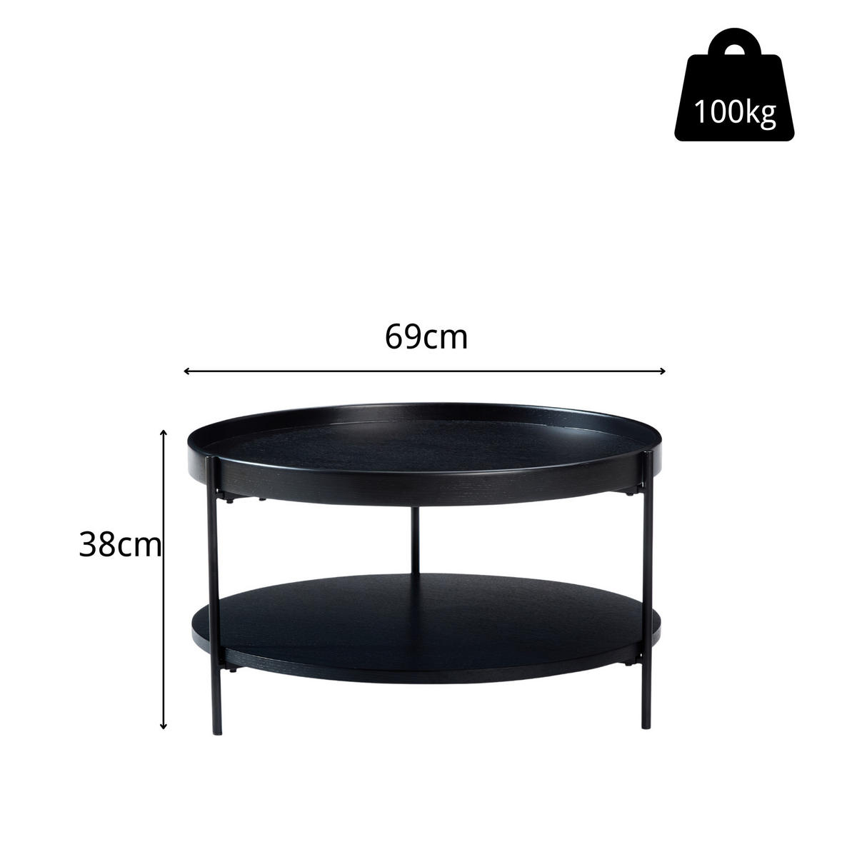 COUCHTISCH 69/69/38 cm mit 2 Ebenen, Holzoptik und stabilem Metallgestell, Schwarz - Schwarz, Holzwerkstoff (69/69/38cm) - Modfu