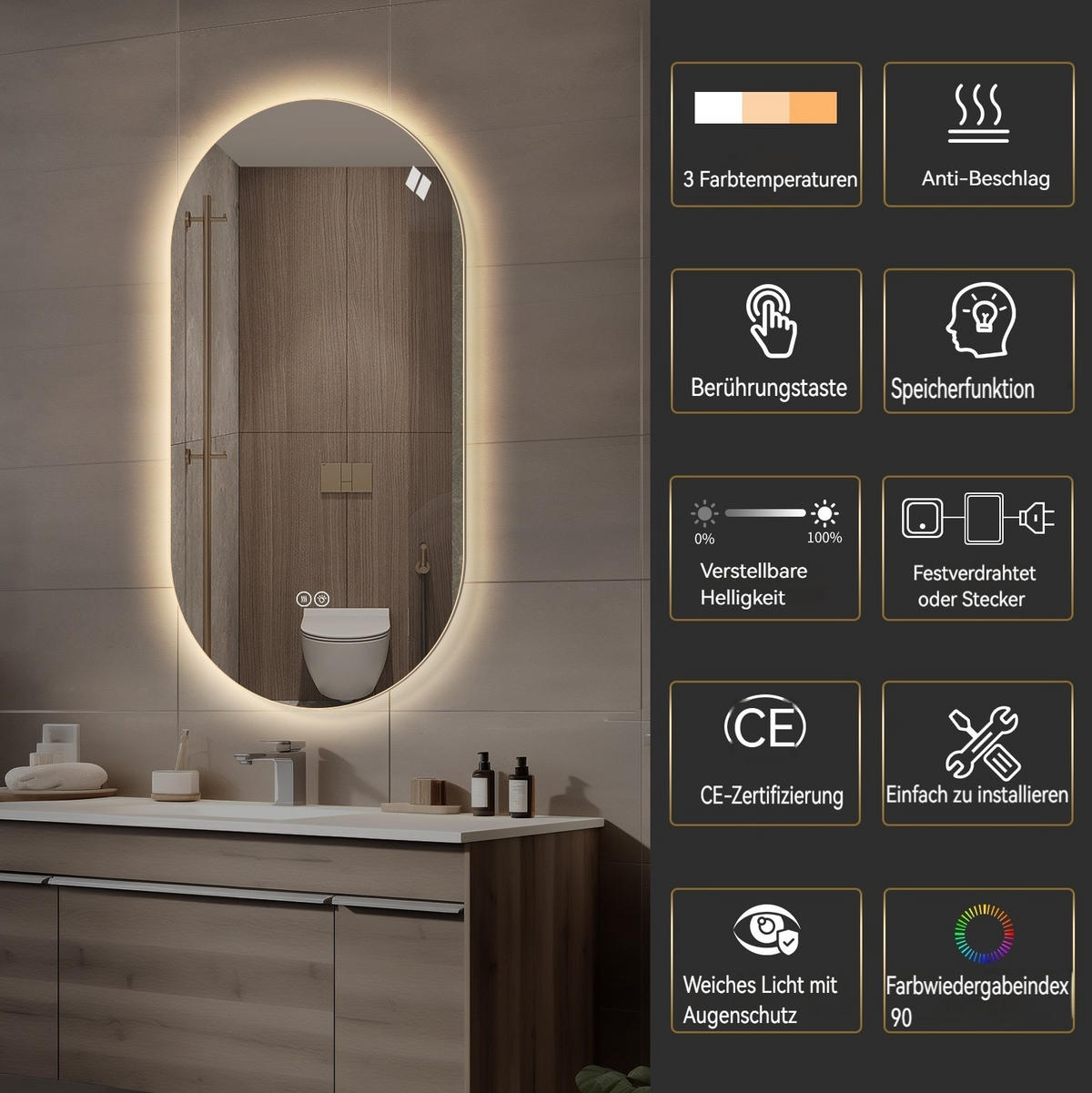 LED Badezimmerspiegel 60x120x3cm,Silber mit 3 Lichtfarben, Entspiegelung & zwei Anschlussarten - Silberfarben, Glas (3/120/60cm) - Modfu