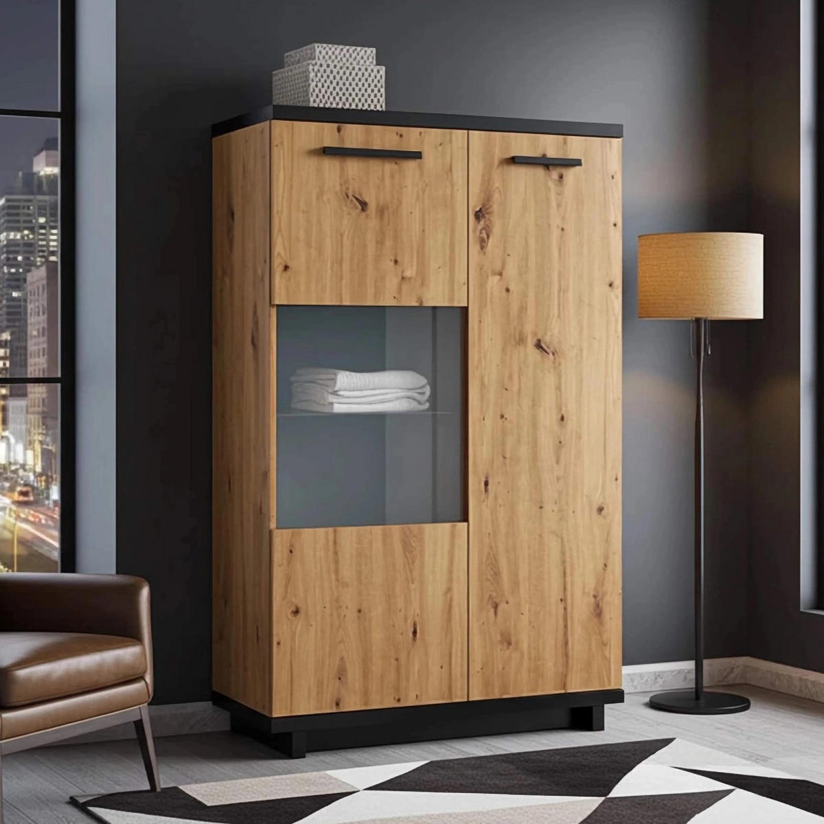 STANDVITRINE Zonda 90/140/40 2-türig - Schwarz/Eiche Artisan, Holzwerkstoff/Kunststoff (90/140/40cm) - Ravio