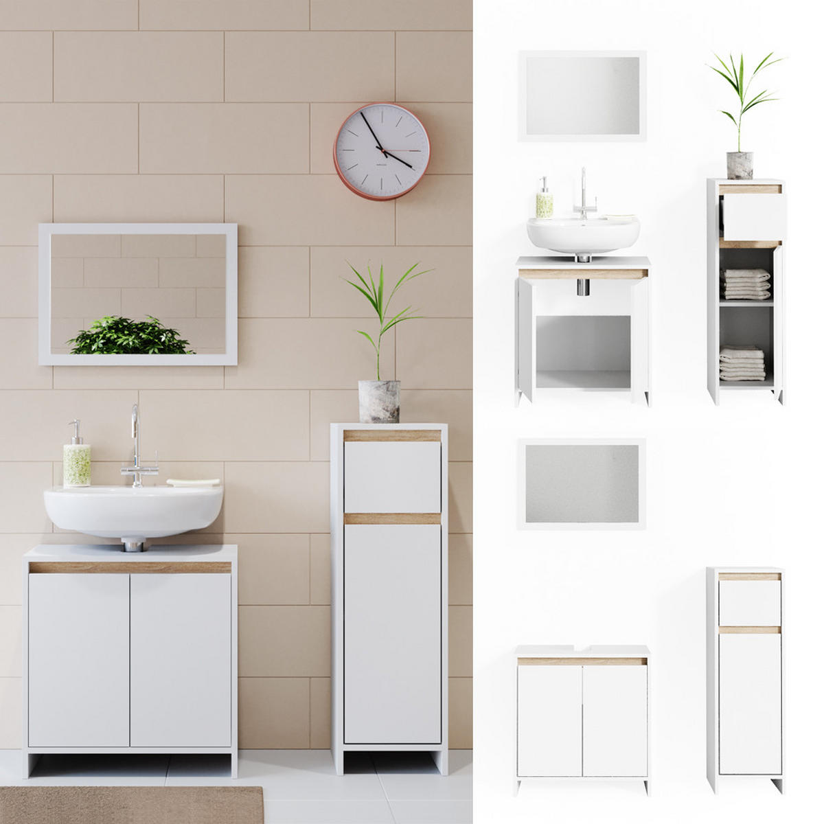 BADMÖBEL-SET Emma Weiß/Sonoma 3 Teile, mit Midischrank - Weiß/Sonoma Eiche, Holzwerkstoff (58/60/33cm) - Vicco
