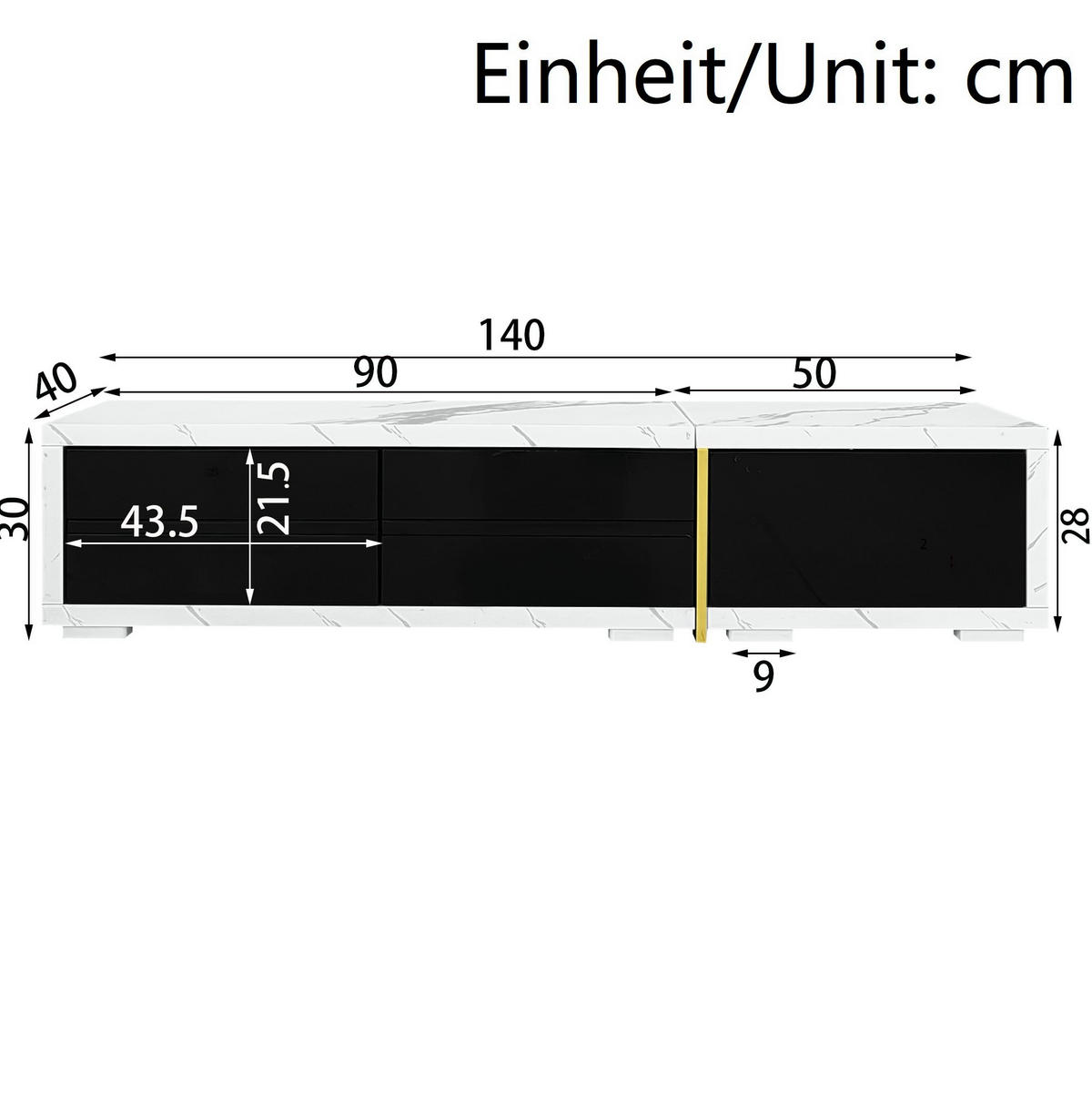 LOWBOARD 140-260 cm aus MDF und Spanplatte mit dreh- und ausziehbarer Funktion Schwarz/Weiße Marmoroptik - Schwarz, Holzwerkstoff (260/30/40cm) - Modenvie