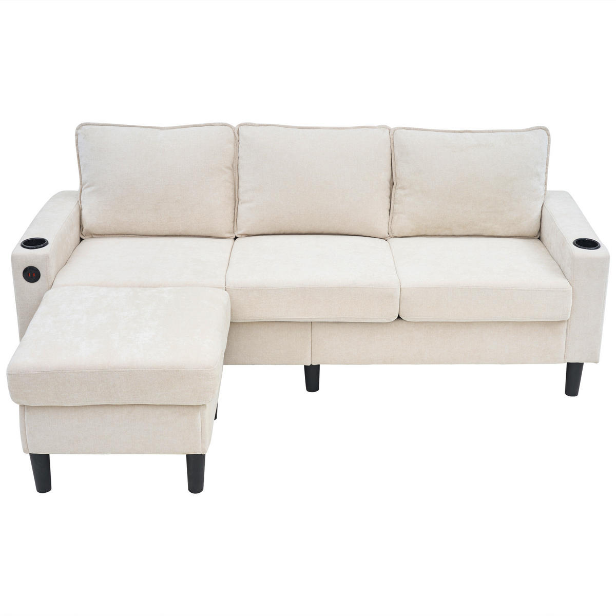 ECKSOFA L-Form 3-Sitzer mit zwei Getränkehaltern und USB und Typ-C-Anschlüssen Beige 202/137/80 cm - Beige, Textil (202/137cm) - OKWISH