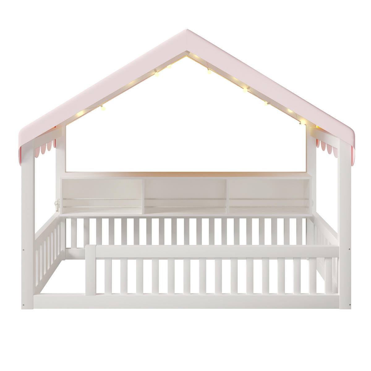 HAUSBETT 90x200 cm mit Baldachin, LED-Lichterkette und Bücherregal, Weiß - Weiß, Holz (90/200cm) - KOMHTOM