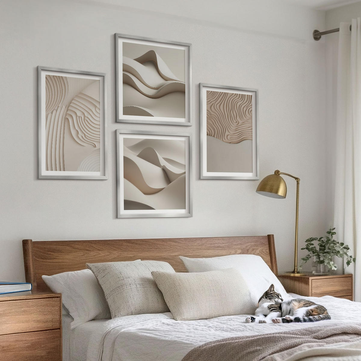 BILDER SET 4er Set - 50x50 cm & 40x60 cm Silberner Rahmen - Abstrakte Wellen auf dem Sand - Silberfarben, Kunststoff (50/50cm) - TULUP