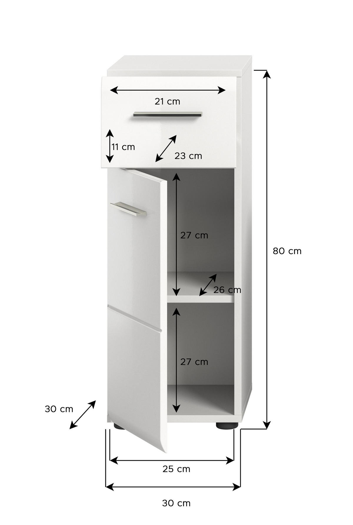 STANDSCHRANK Ice Bad in weiß Nachbildung und weiß hochglanz B/H/T: 30x80x30 cm - Weiß, Holz (30/80/30cm)