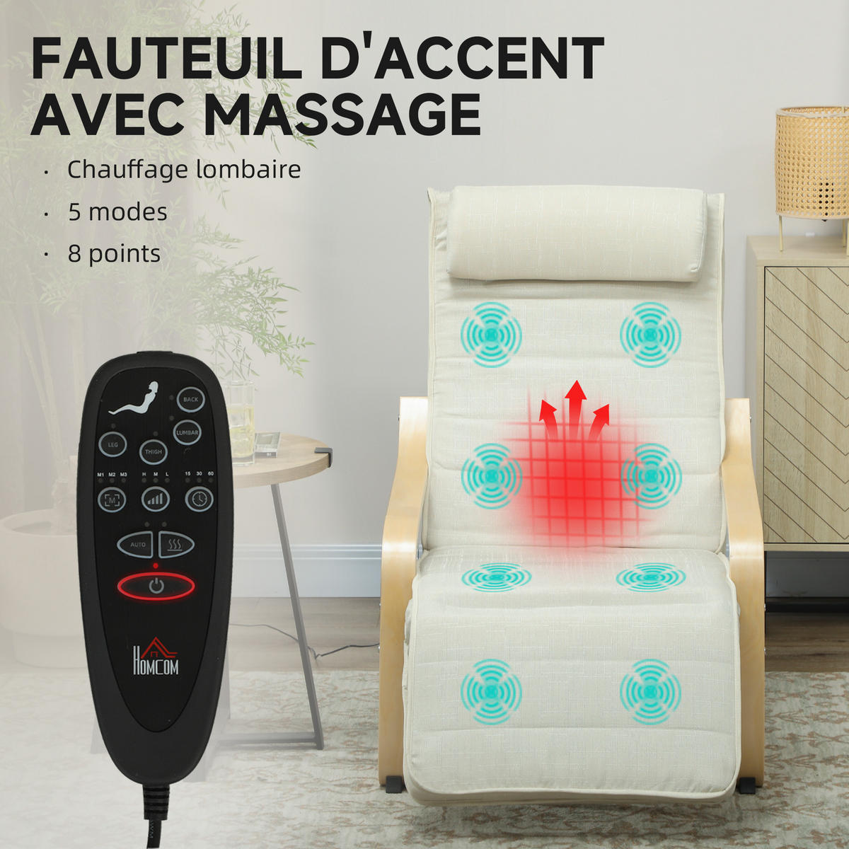 RELAXSESSEL DE-13284 Massagefunktion & beheizbare Lordosenstütze Creme - Weiß, Holz (67/101/95cm) - ComfortXL