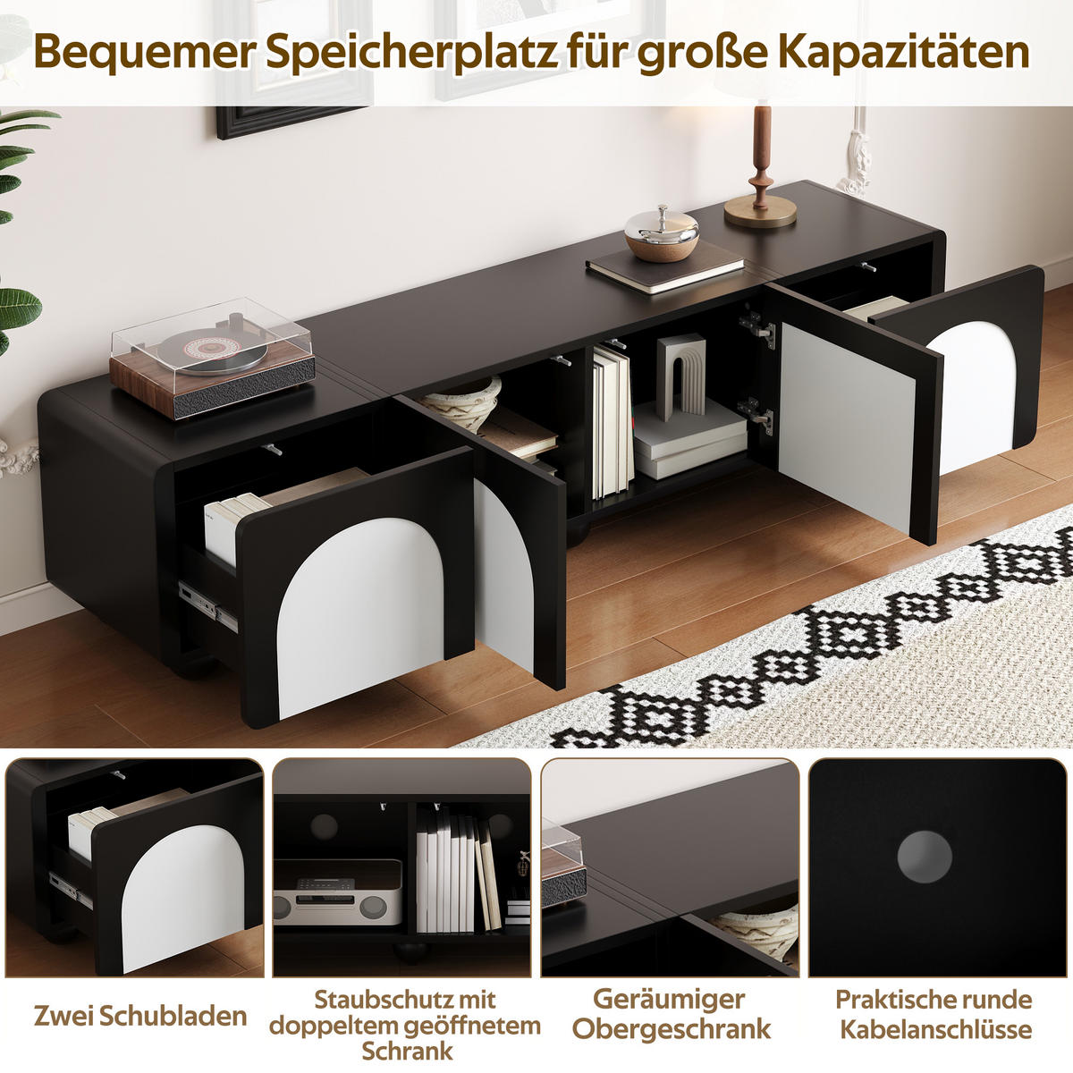 LOWBOARD in Schwarz und Weiß TV-Schrank mit Schubladen für Wohnzimmer, B180/T38/H45 cm - Schwarz/Weiß, Holzwerkstoff/Metall (180/45/38cm) - STILVORA