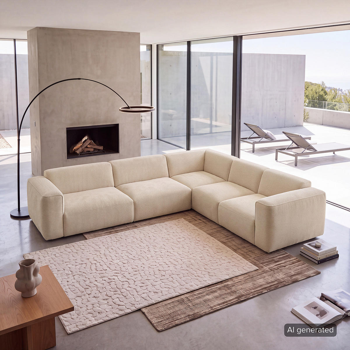 ECKSOFA mit Rundecke - Beige/Schwarz, Kunststoff/Textil (325/260cm) - home24