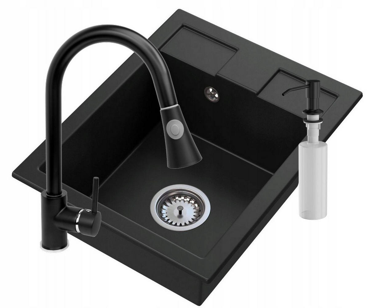GRANITSPÜLE Best mit Batterie Siphon - Schwarz, Kunststoff/Stein (50/40/18cm) - Granitan
