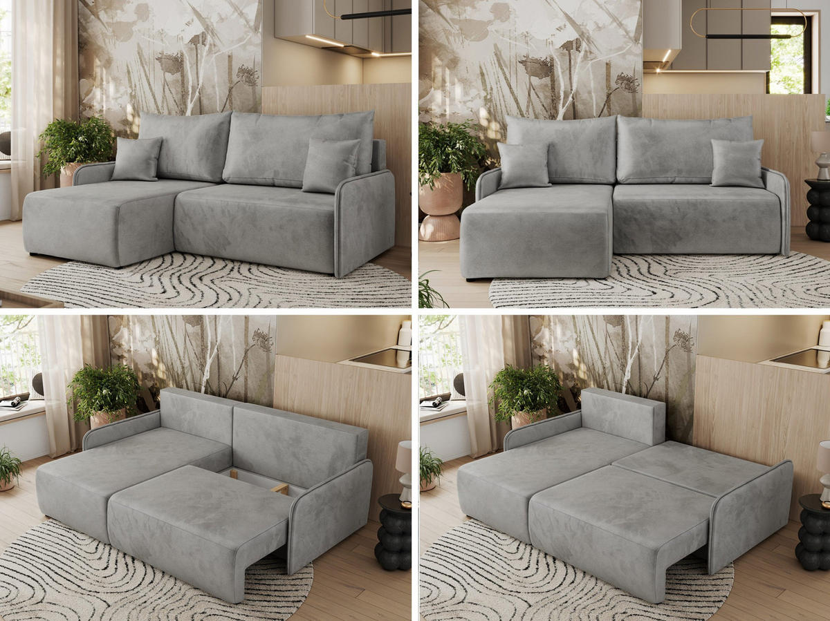 ECKSCHLAFSOFA ARPA L Hellgrau Velvet - links - Hellgrau/Schwarz, Kunststoff/Textil (198/150cm) - MKS