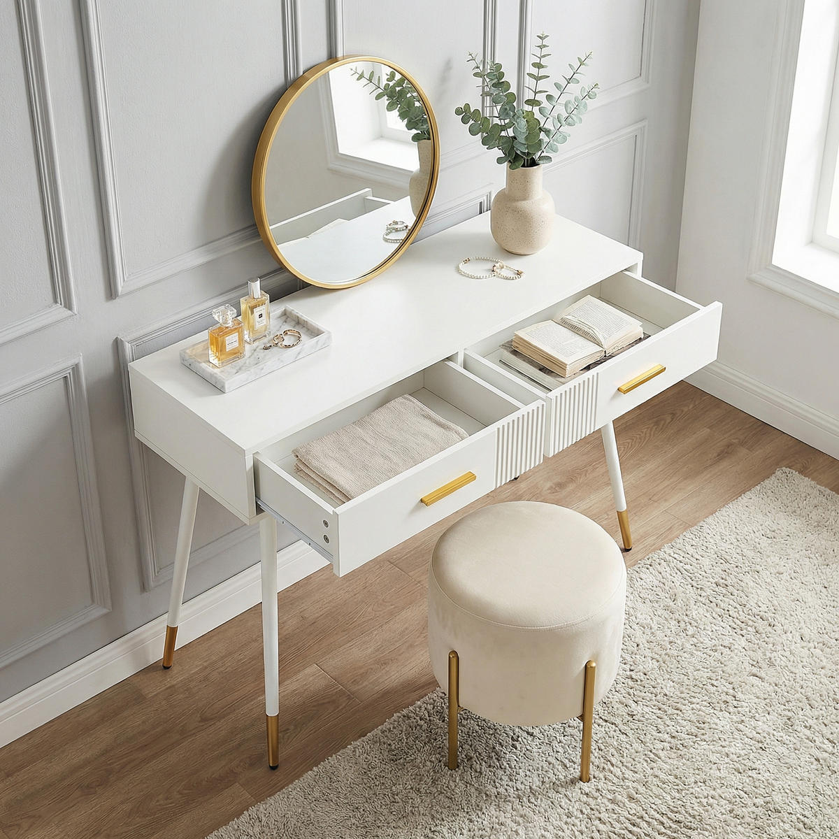 SCHMINKTISCH in Weiß mit goldenen Metallbeinen & 2 Schubladen - Weiß, Holzwerkstoff (100/76/40cm) - Urban Meuble