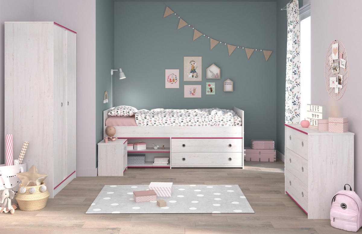 KINDERZIMMER Set Kleiderschrank Kommode Nachttisch Bett 90x200 cm - Weiß/Kieferfarben, Holz/Holzwerkstoff (290/182/95cm) - Parisot Meuble