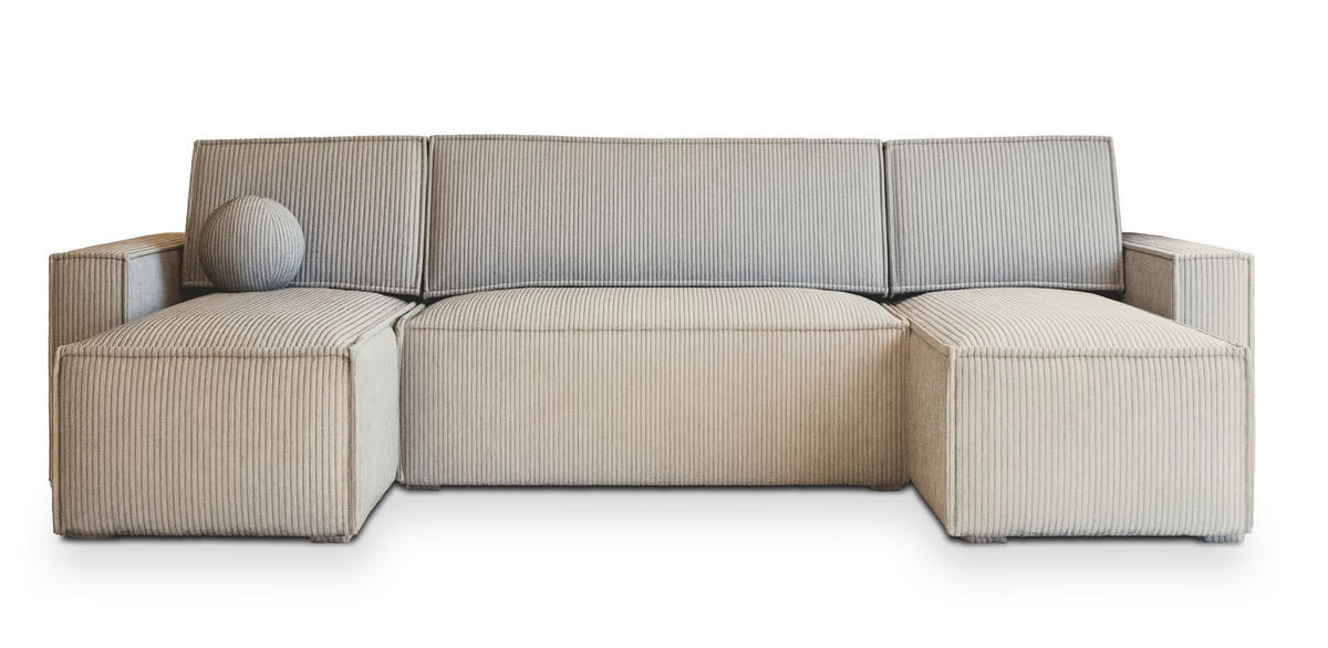 WOHNLANDSCHAFT PESANO P Creme Kordstoff mit Schlaffunktion - Creme, Holz (306/85/140cm) - MASSENO