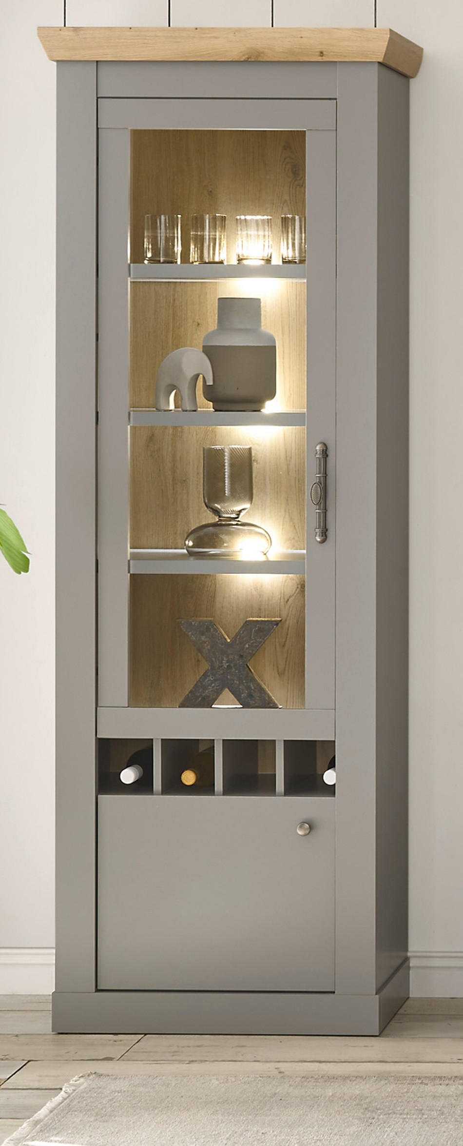 VITRINE grau, Artisan Eiche Landhaus 71 cm, Vitrinenschrank mit Weinregal - Silberfarben/Hellgrau, Glas/Holzwerkstoff (71/201/37cm) - Furn.Design