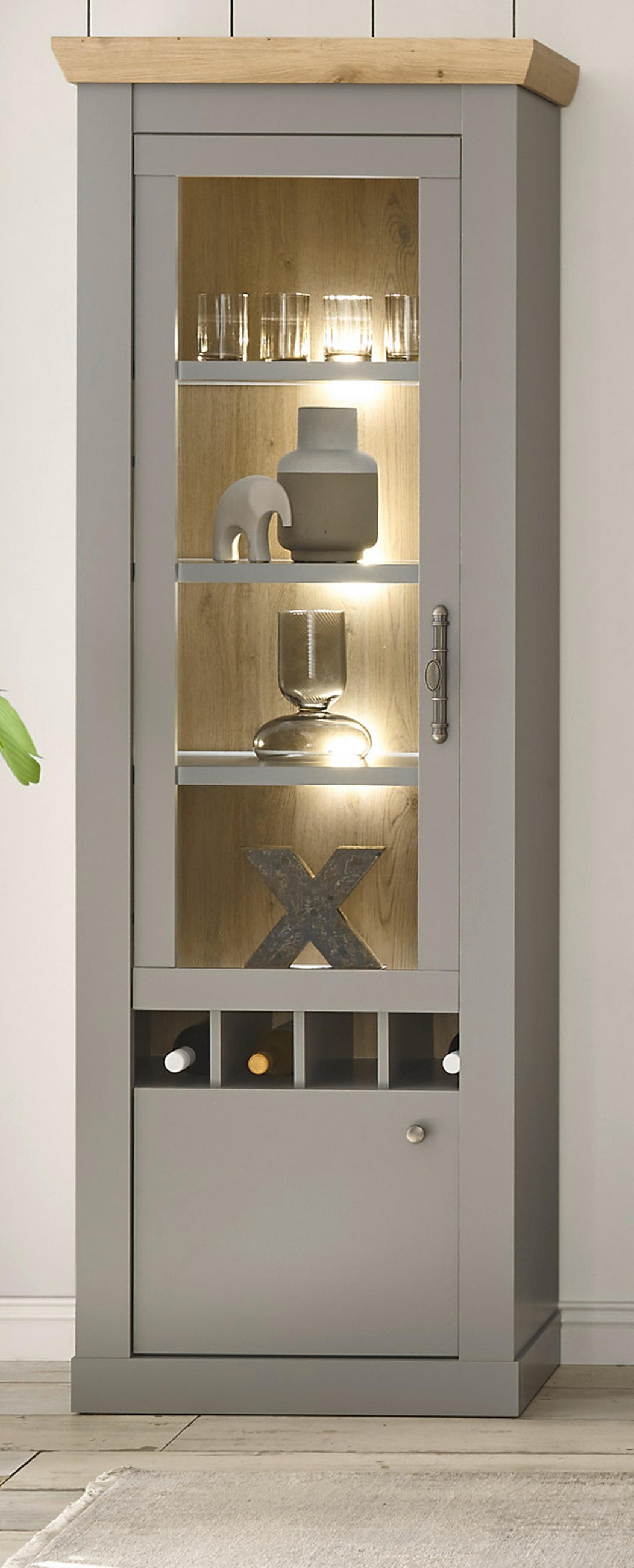 VITRINE grau, Artisan Eiche Landhaus 71 cm, Vitrinenschrank mit Weinregal - Silberfarben/Hellgrau, Glas/Holzwerkstoff (71/201/37cm) - Furn.Design