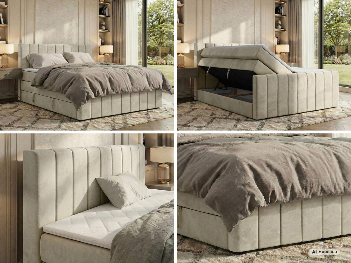 BOXSPRINGBETT ALVER KING DUO 140/200 - Beige Velvet - Topper T25 - H3 - Beige/Schwarz, Kunststoff/Textil (140/200cm) - MKS