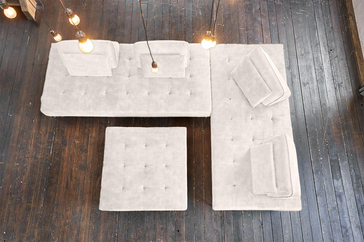 MODULSOFA MIT HOCKER WIOLO Cremeweiß Velvet - Silberfarben/Creme, Textil/Metall (350/80/350cm) - KAWOLA