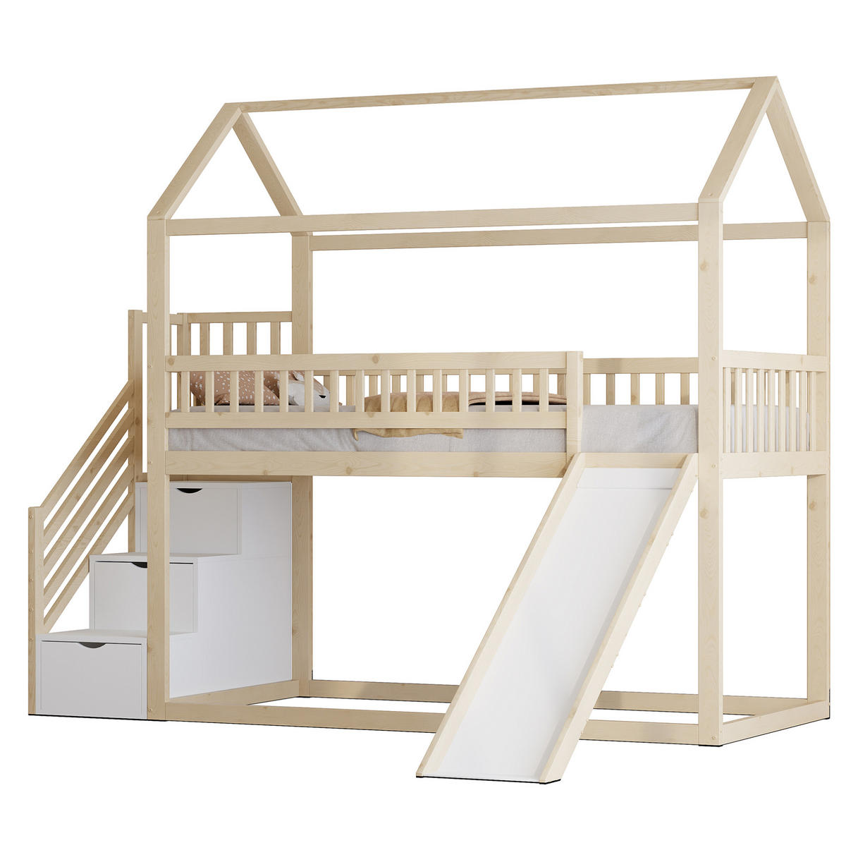 VYSOKÁ posteľ 90/200 cm prírodná farba dreva z dreva s šmykľavkou a úložným rebríkom - biela, drevo (90/200cm) - OKWISH