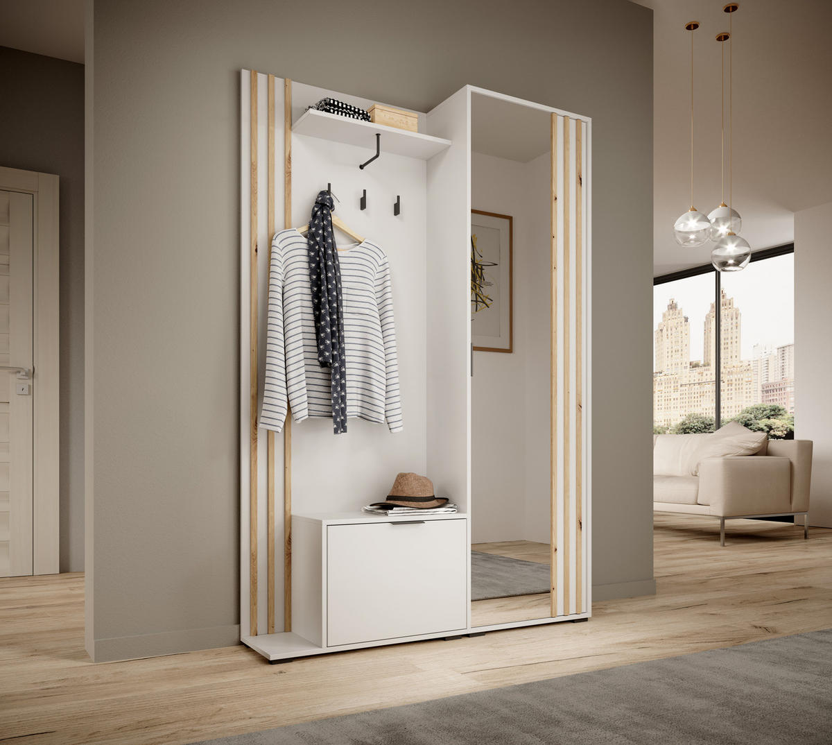 GARDEROBE STILO 131 cm (Weiß, Lamellen Artisan Eiche, Spiegel, Metallgriffe) - Schwarz/Weiß, Holz/Holzwerkstoff (131/192/40cm) - Ravio