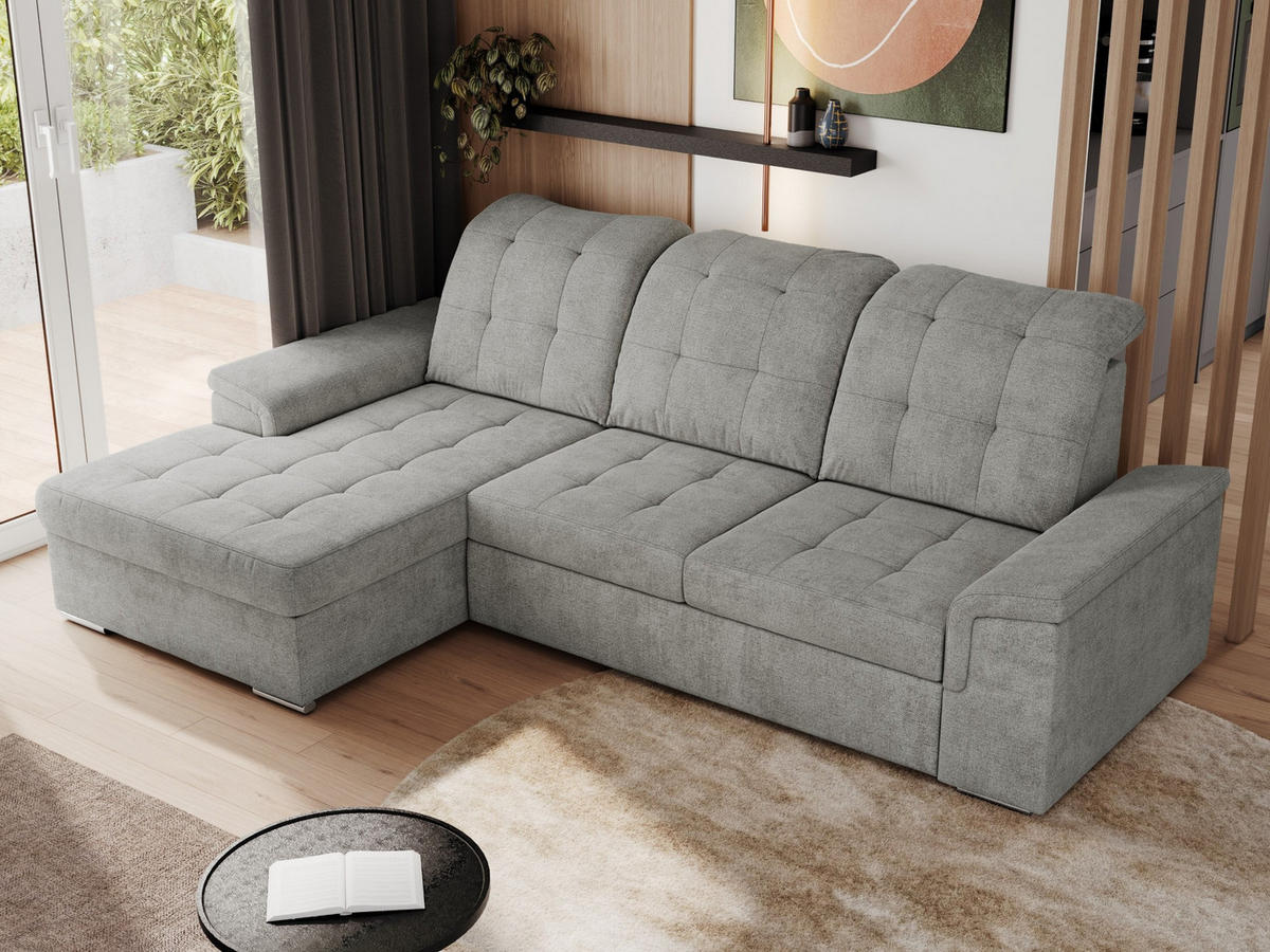 ECKSOFA MADRITO L - Hellgrau Struktur - Links - Silberfarben/Hellgrau, Textil/Metall (160/256cm)