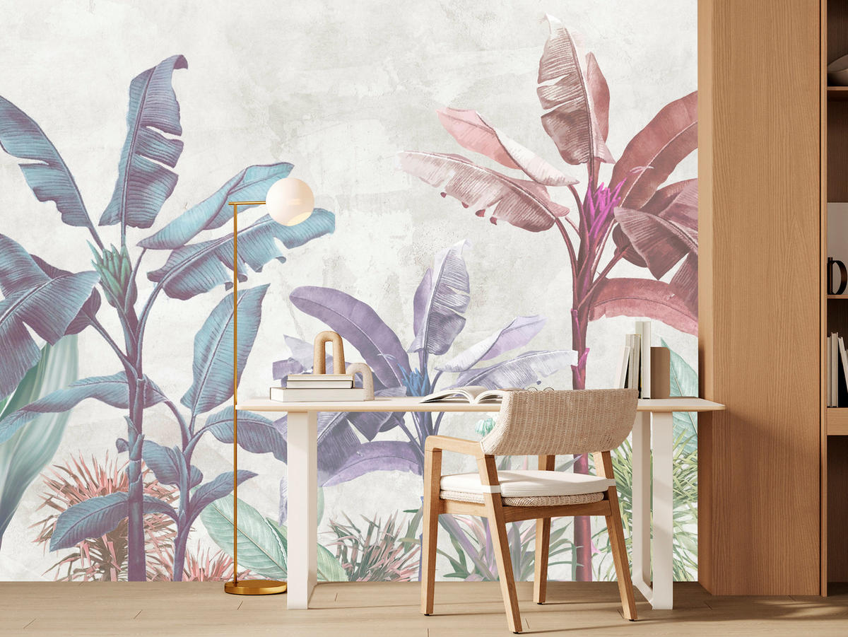 FOTOTAPETE für Schlafzimmer Bunte Bananenblätter Tropen Bäume 500x350 - Beige/Rot, Papier (500/350cm) - Muralo
