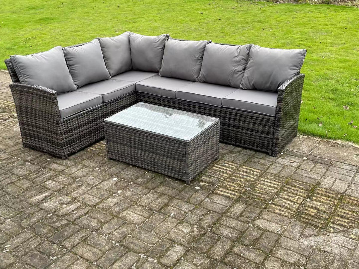 GARTENMÖBEL SET mit Länglicher Couchtisch Polyrattan Dunkelgrau 6-Sitzer - Dunkelgrau/Grau, Glas/Kunststoff - Fimous