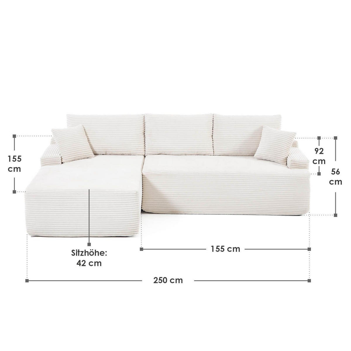SOFA Coredo creme Cord - Creme, Textil (155/250cm) - Juskys