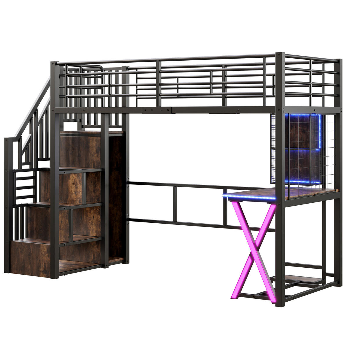 HOCHBETT mit Schreibtisch und Kleiderschrank 90x200 cm Metall Schwarz - Schwarz, Metall (90/200cm) - Meubliv