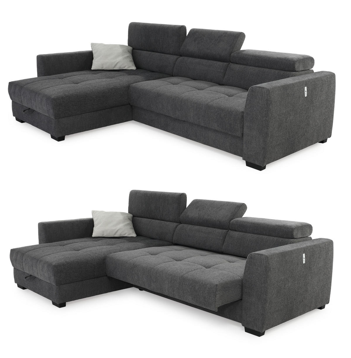 ECKSOFA mit elektrischer Sitztiefenverstellung, Kopflehnen verstellbar, USB-Ladefunktion, Bettkasten B300/T196/H103 cm, Chenille Dunkelgrau / 15409 - Dunkelgrau/Schwarz, Kunststoff/Textil (300/196cm) - luma-home