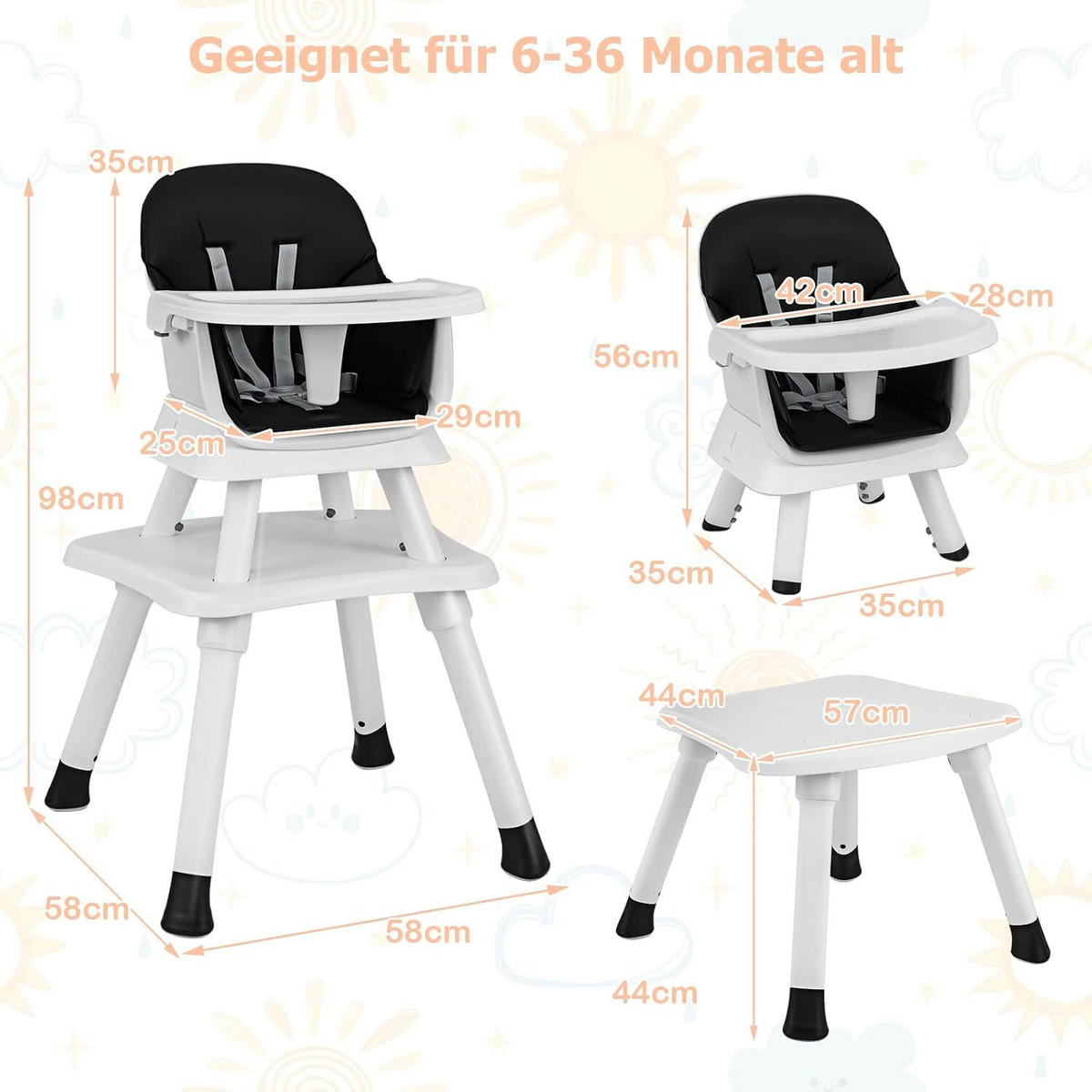 KINDERHOCHSTUHL mit Sicherheitsgurt & abnehmbarem Trichter schwarz - Schwarz, Kunststoff (58/98/58cm) - COSTWAY