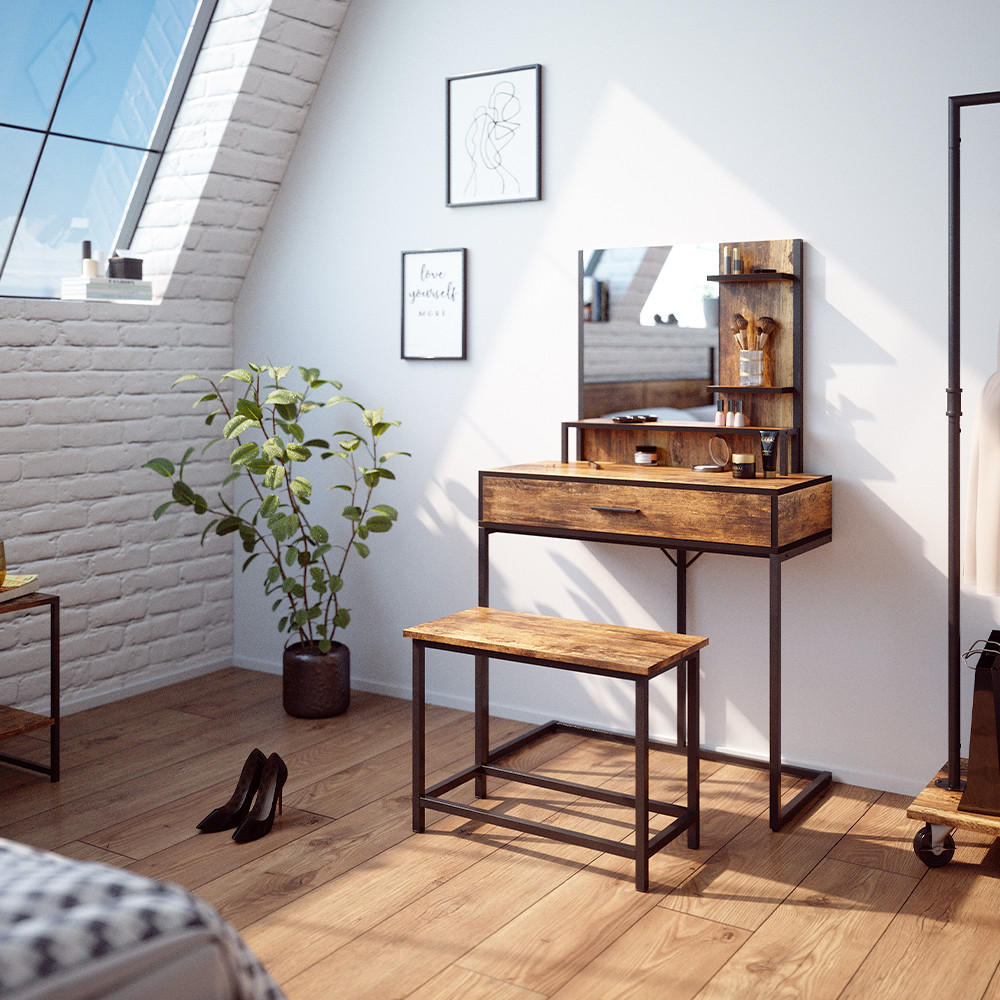 SCHMINKTISCH Fyrk Antikholz 80 cm mit Stuhl - Alteiche/Schwarz, Holzwerkstoff (80/135.5/40cm) - Vicco