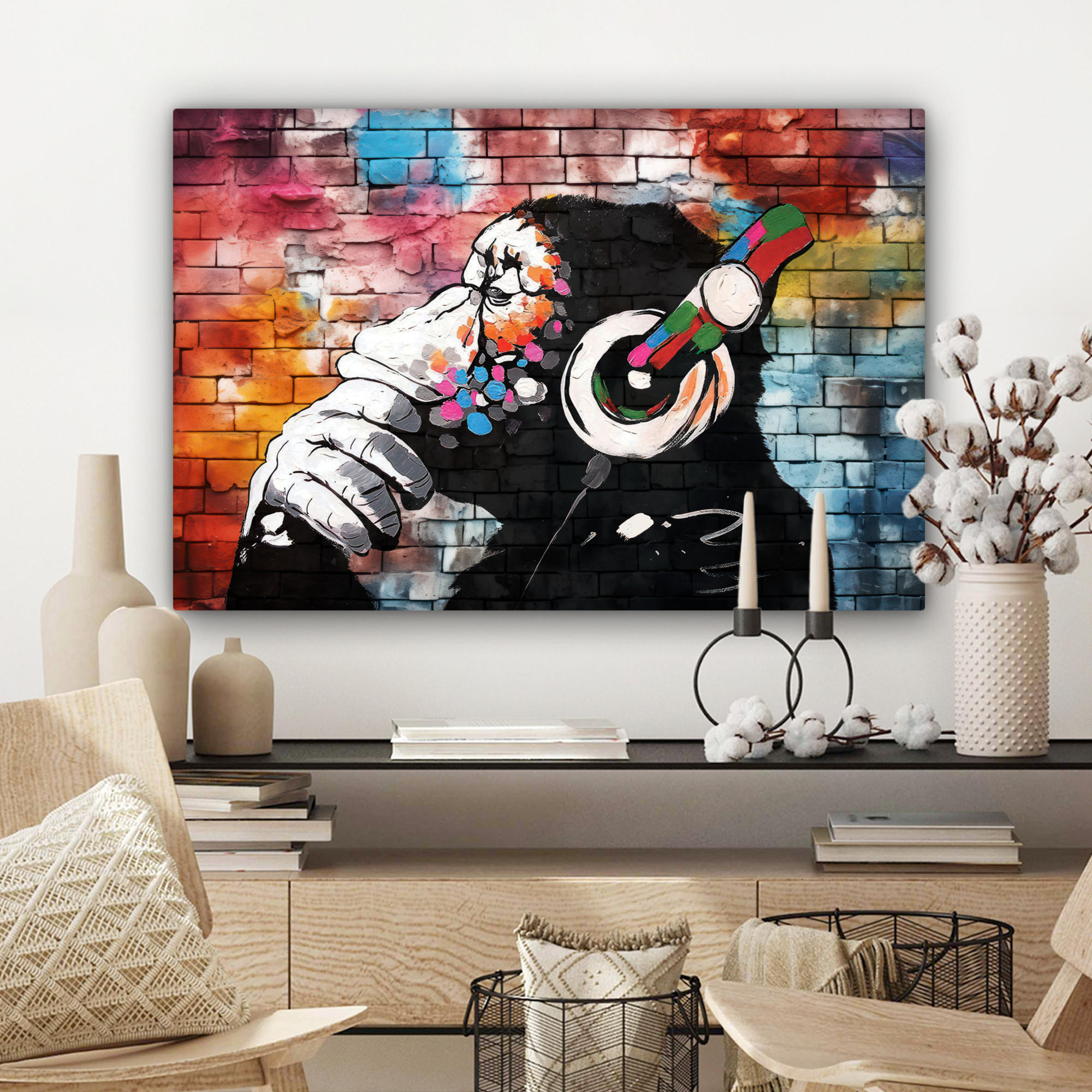 LEINWANDBILD Affe - Graffiti - Musik Wanddeko 90x60 cm - Multicolor, Textil (90/60cm) - MuchoWow