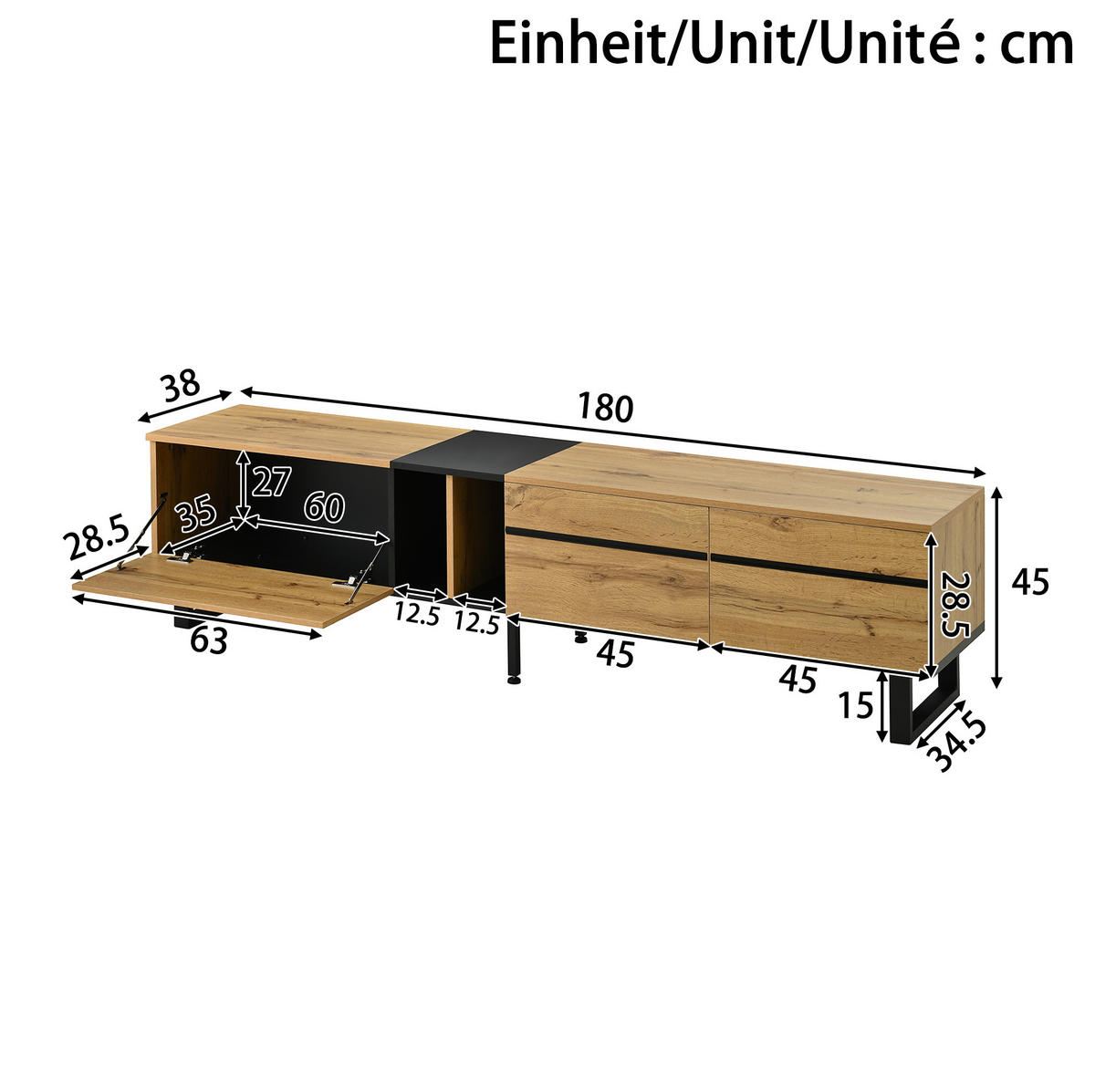 TV-LOWBOARD mit Klappfach 180 x 38 x 45 cm Holzoptik - Braun, Holzwerkstoff (38/45/180cm) - Beauniv