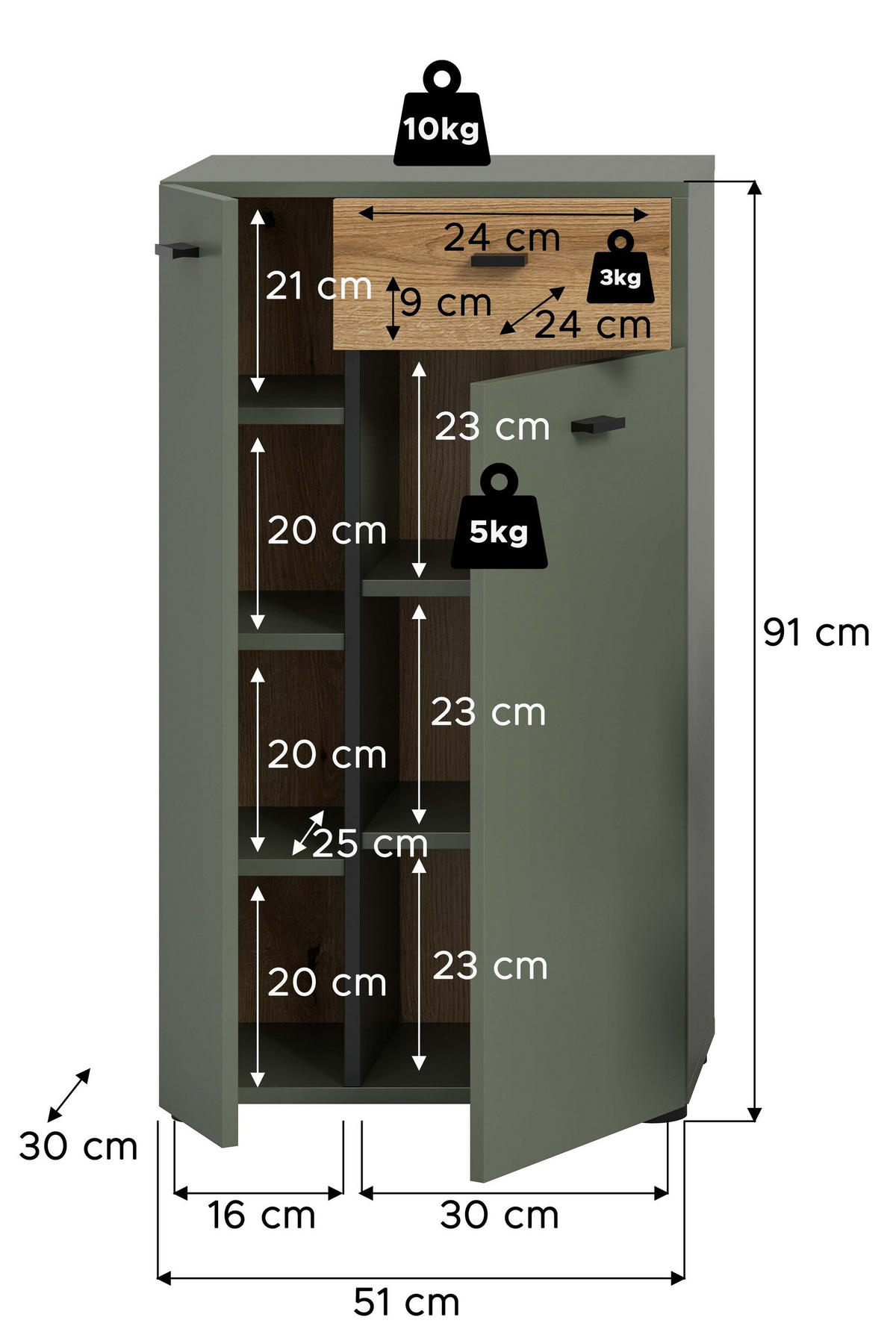 STANDSCHRANK AQUA (B/H/T: ca. 51/91/30 cm) in Sage Green/Sage Green - Grün, Holzwerkstoff (51/91/30cm)