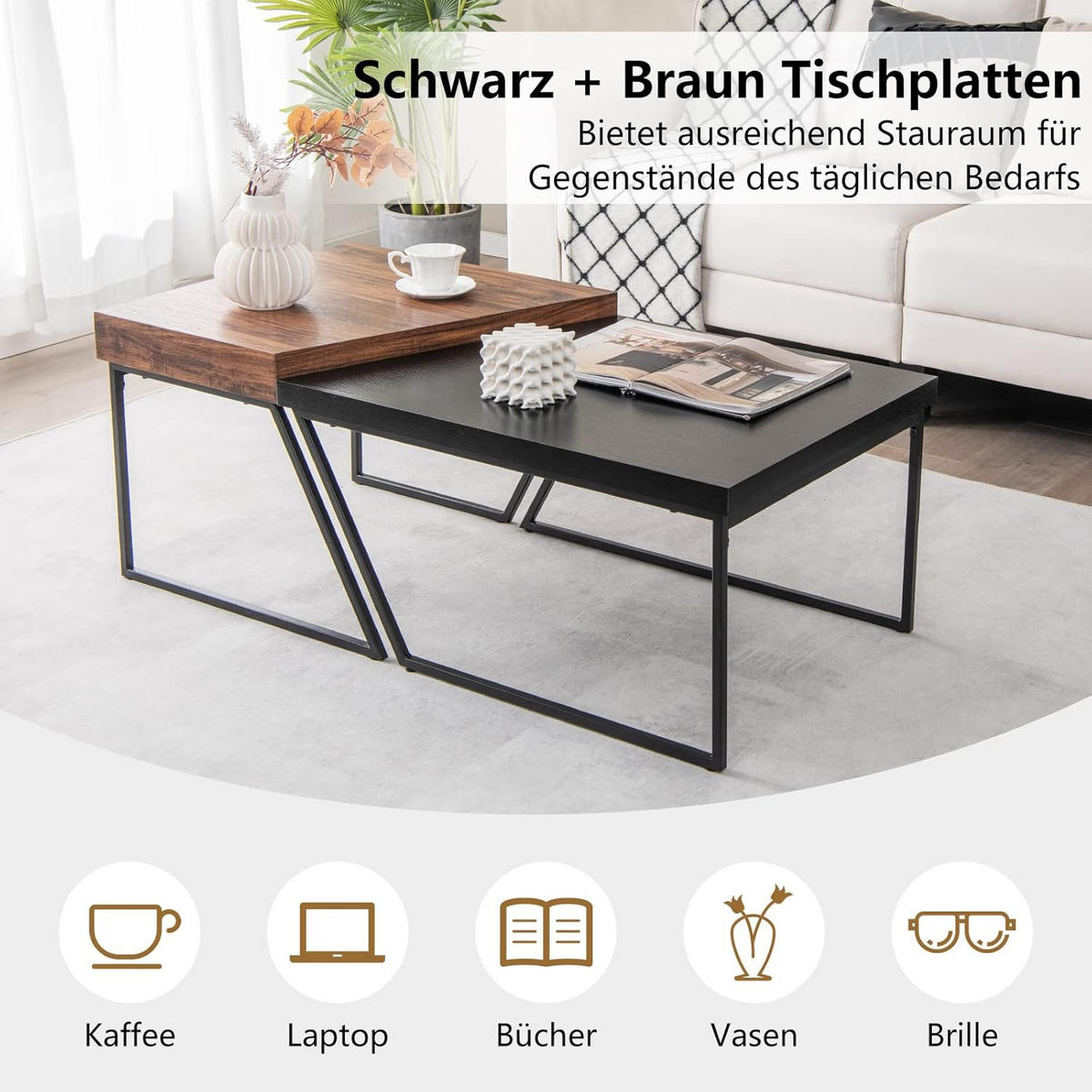 SATZTISCH Schwarz (2er-Set) - Schwarz, Holz (120/60/46cm) - COSTWAY